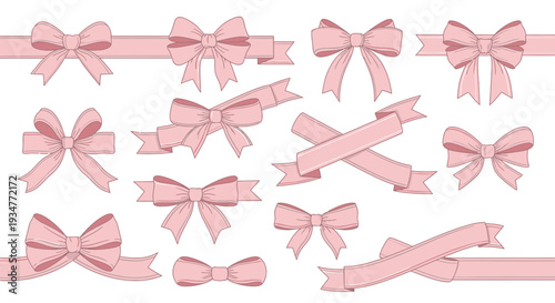 Collection of various pink bows and ribbons on white background.