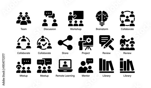 Teamwork and learning icons: collaboration, brainstorming, remote learning, project management