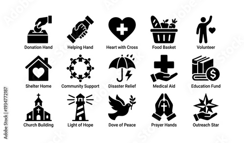 Charity and support icons featuring donation hand, helping hand, heart with cross, food basket