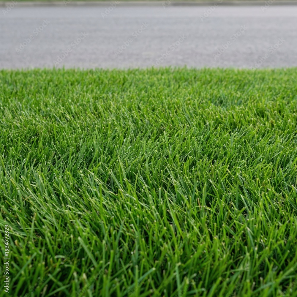 Fototapeta premium Close view of green grass near a road with clear daylight
