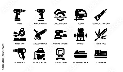 Collection of electric power tools icons: drill, saw, grinder, router, multi-tool, heat gun, vacuum, light, charger