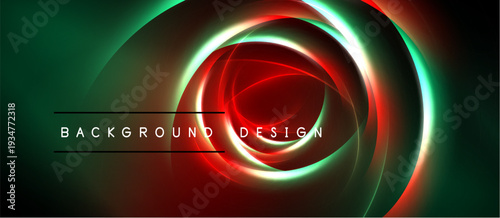 Abstract design features vibrant concentric circles. Red, green hues blend into dark background. Text reads background design. Modern, dynamic visual.