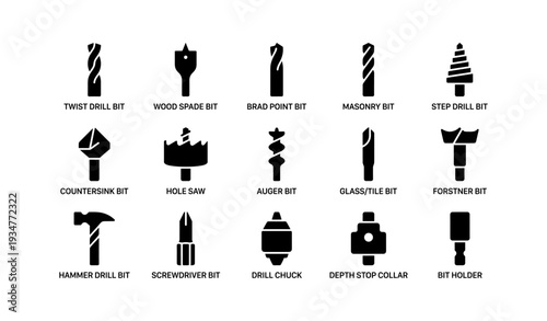 Various drill bit icons: twist, wood spade, brad point, masonry, step, countersink, and more