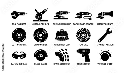 Set of power tool icons: angle grinder, cutting machine, disc, wrench, accessories