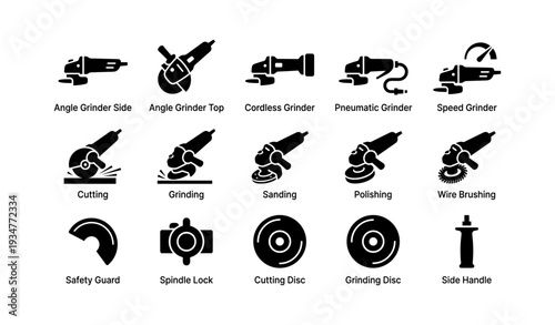 Assorted power grinders and accessories icons collection