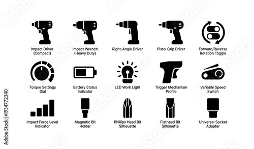 Power tool icons: drills, indicators, and adapters in black silhouette design