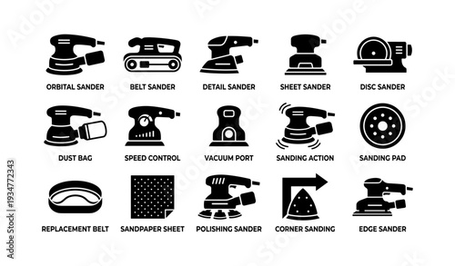 Assorted electric sanders: orbital, belt, detail, sheet, disc, and accessories icons
