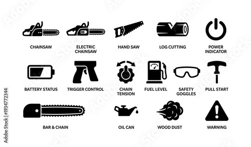 Chainsaw and tools icons: chains, safety goggles, log cutting, fuel level indicator