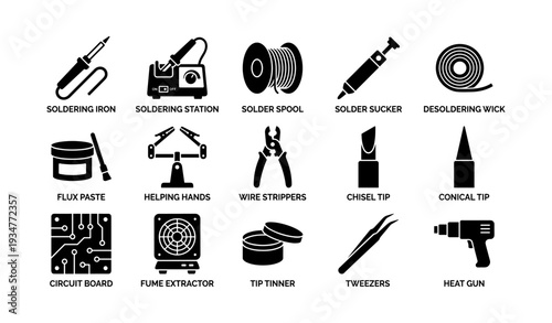 Essential soldering tools and components icon collection