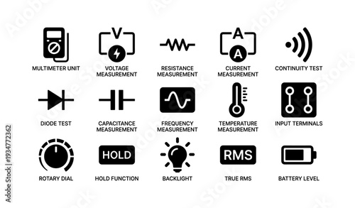 Electrical measurement icon set featuring multimeter, waveform, and battery