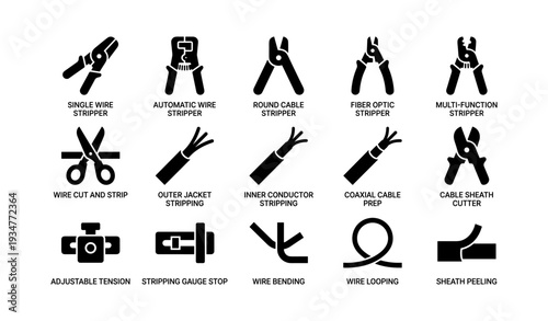 Various cable stripping and cutting tool icons for electrical work