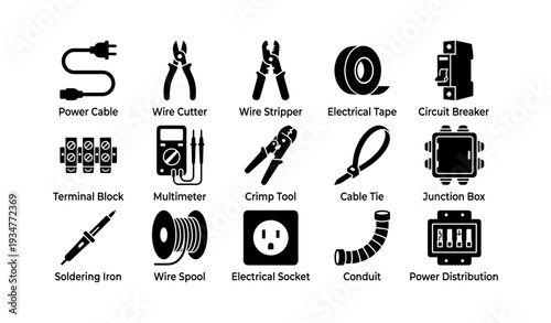 Electrical tools and equipment icons: power cable, wire cutter, multimeter, soldering iron