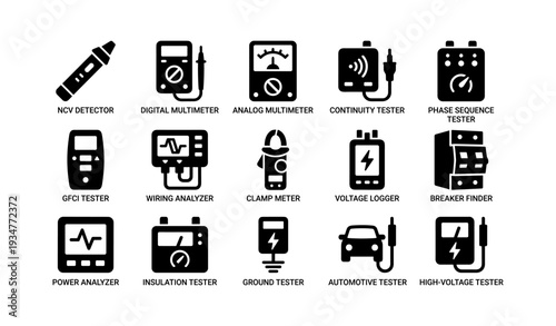 Collection of electrical testing tools and devices in black icons