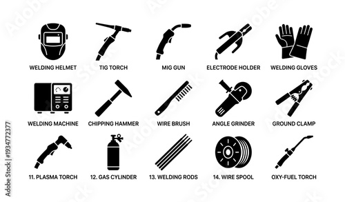 Essential welding tools and equipment icons for professional use
