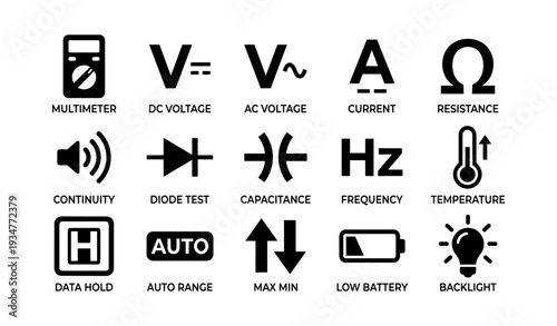Electrical symbols chart with multimeter and measurement icons
