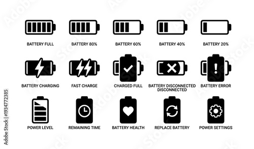 Battery icons: charging states and power indicators