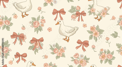Vintage Floral Pattern with Geese and Ribbons on Cream Background.