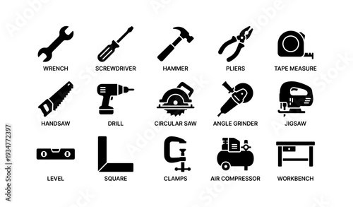Silhouette icons of essential hand and power tools for construction and repair