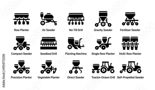 Various agricultural planting machines and seeders icons set