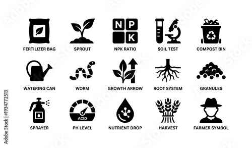 Agricultural icons collection: fertilizer, sprout, npk, microscope, compost, and more