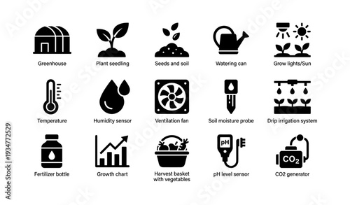 Agricultural icons set featuring greenhouse, sensors, and harvest tools for efficient farming