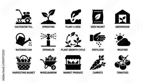 Gardening icons set: cultivation, planting, harvesting, market produce