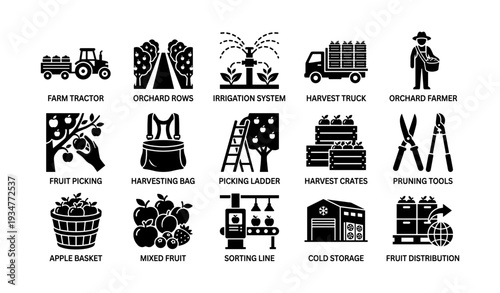 Farming icon set with tractor, irrigation, harvest, and orchard elements