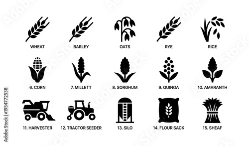 Agricultural crop icons: wheat, rice, corn, harvester, tractor, silo, flour sack, sheaf