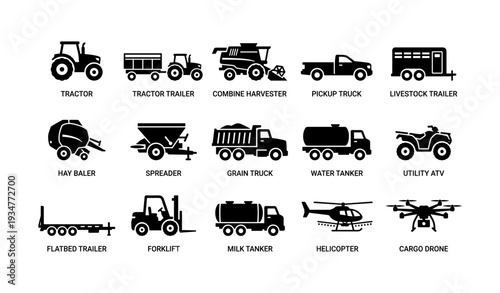 Agricultural and utility vehicles icons: tractor, harvester, forklift, helicopter, drone