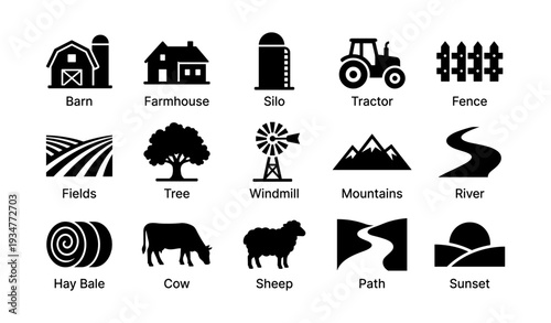 Set of farm and countryside icons including barn, tractor, and river