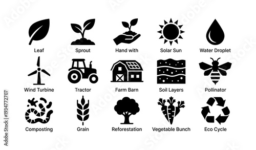 Eco symbol collection: renewable energy, agriculture, sustainability icons