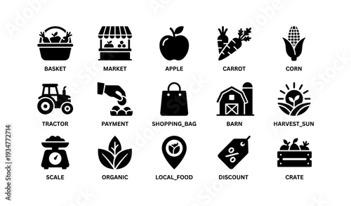 Icons of agriculture and farmers market elements