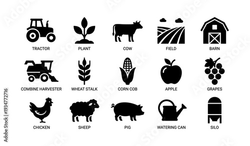 Set of farm icons: tractor, plant, cow, field, barn, harvest, produce