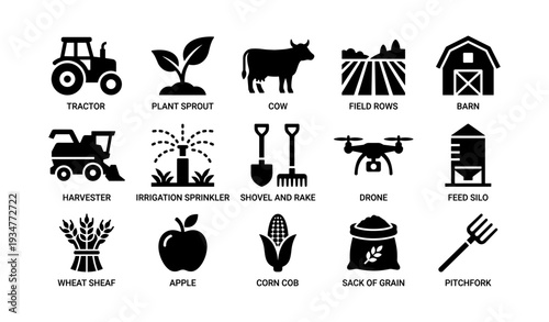 Agriculture icon set: tractor, cow, drone, barn, tools, crops, silo