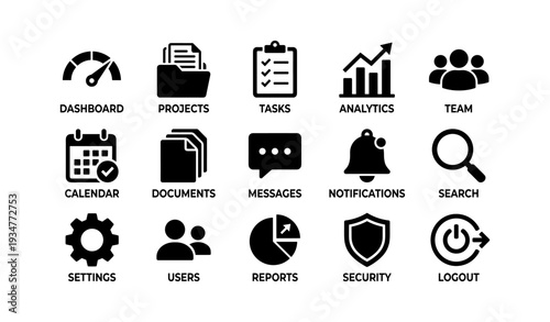 Dashboard icon set with analytics, security, and communication tools