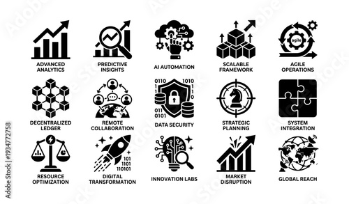 Icons of ai and business strategies in black and white