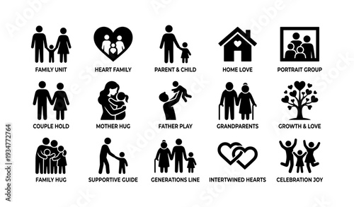 Family icons collection: love, support, generations, unity, joyful moments