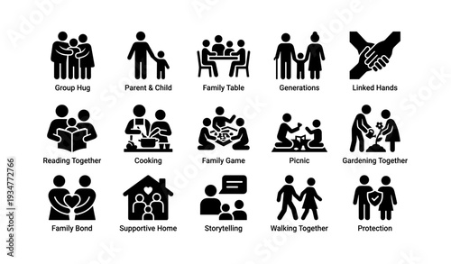 Family activities icon set: diverse group, parenting, bonding, leisure, support