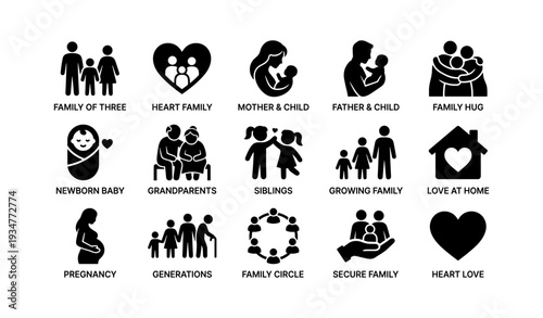 Icons representing family themes: parents, children, generations, love, heart