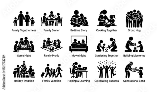Family activities icons illustrating togetherness and bonding