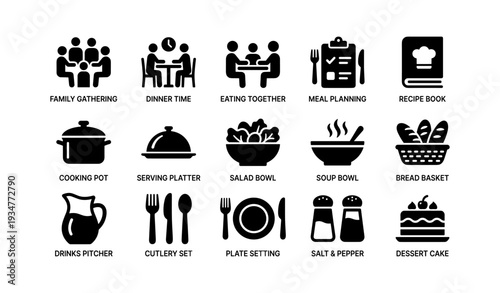 Dining icons set: family, meals, cooking, planning, recipes