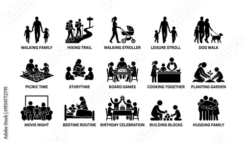 Outdoor and indoor family activities: nature walks, storytime, board games, cooking, gardening, celebrations