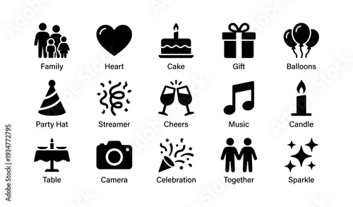 Celebration icons: family, heart, cake, gift, balloons, party, music, camera, sparkle