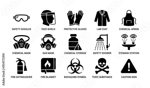 Safety equipment icons: protective gear and hazard symbols collection