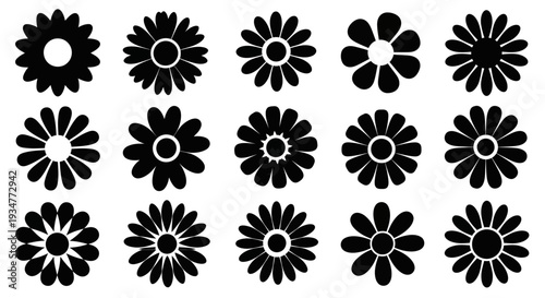 Collection of black flower silhouettes on white background.
