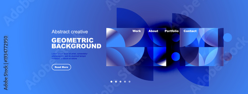 Blue website mockup displays geometric shapes, text, navigation menu. Minimalist design promotes creativity, modern aesthetic.