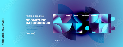 Abstract geometric background design. Website header with navigation elements, text, button. Blue, purple color scheme dominates image.