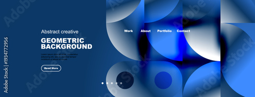 Abstract website header design. Blue geometric shapes create dynamic background. Text elements present work, about, portfolio, contact options.