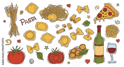 Assorted Italian food items and wine illustration.