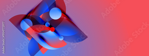 Abstract shapes blend, creating dynamic composition. Blue, red hues dominate over purple gradient background. Modern design.